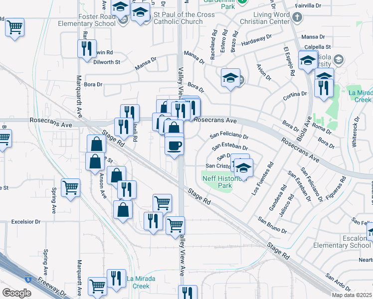 map of restaurants, bars, coffee shops, grocery stores, and more near 14422 Valley View Avenue in La Mirada