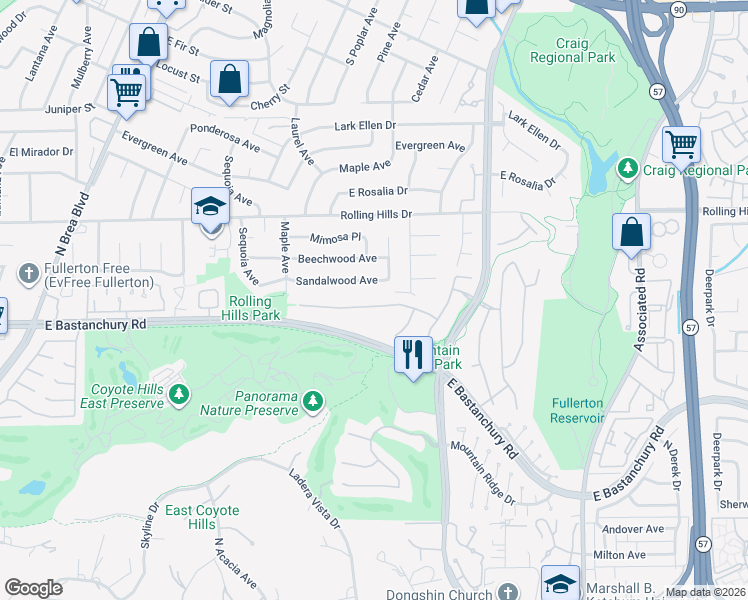 map of restaurants, bars, coffee shops, grocery stores, and more near 1665 Tyler Drive in Fullerton