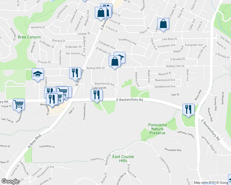 map of restaurants, bars, coffee shops, grocery stores, and more near 2721 Torrey Pine Drive in Fullerton