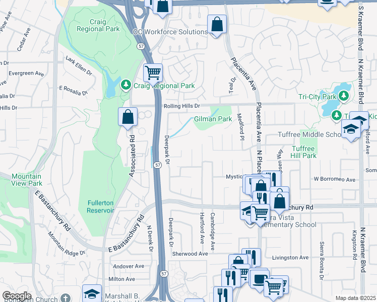 map of restaurants, bars, coffee shops, grocery stores, and more near 2533 Thorn Place in Fullerton