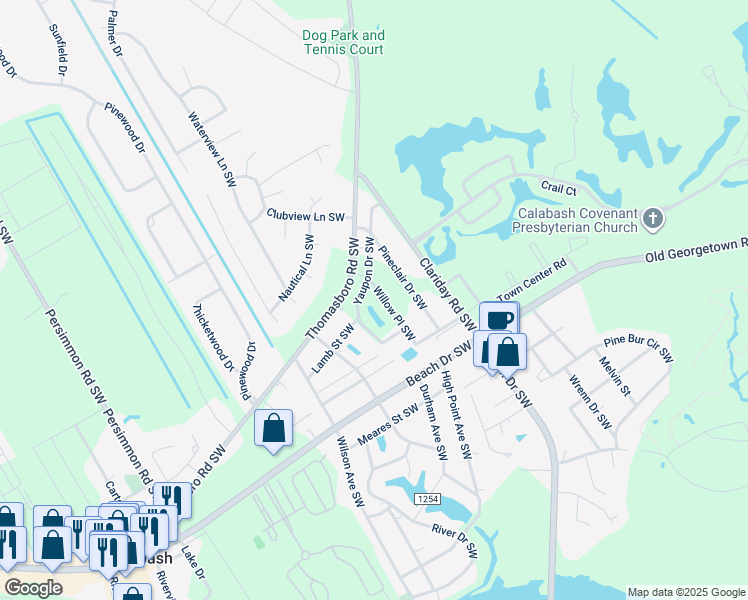 map of restaurants, bars, coffee shops, grocery stores, and more near 930 Willow Place Southwest in Calabash