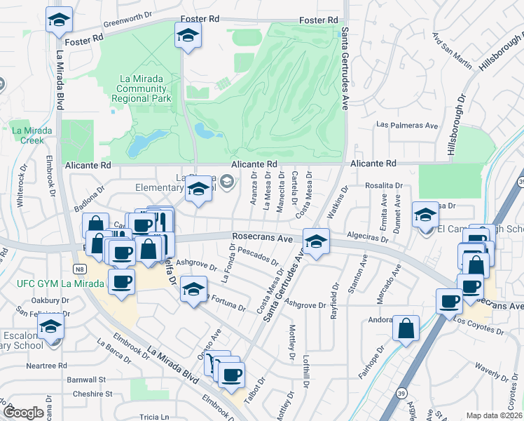 map of restaurants, bars, coffee shops, grocery stores, and more near 14515 La Mesa Drive in La Mirada