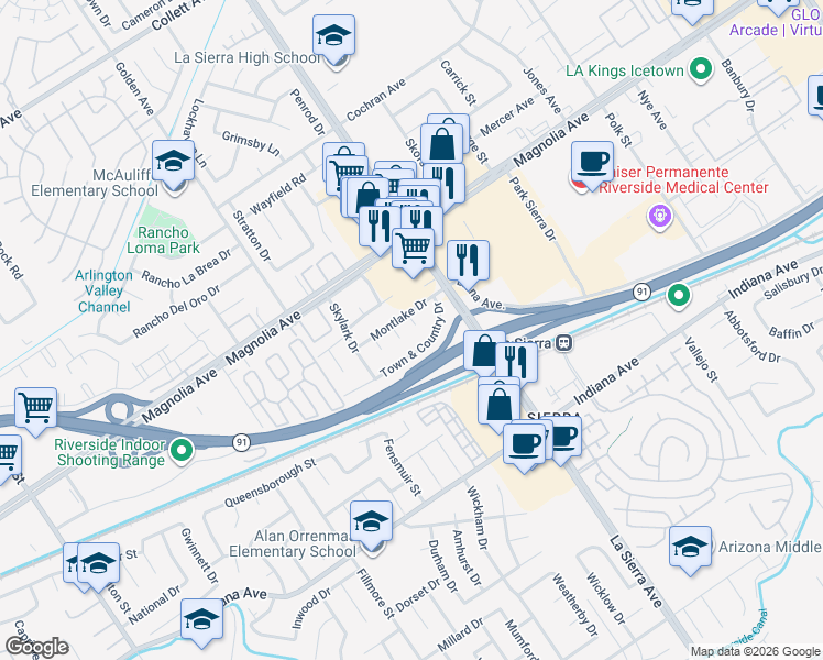 map of restaurants, bars, coffee shops, grocery stores, and more near 11179 Town & Country Drive in Riverside