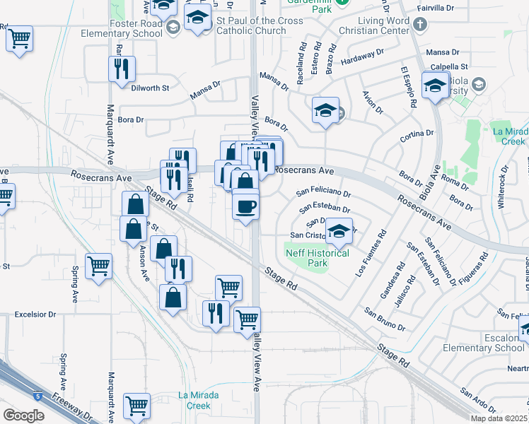 map of restaurants, bars, coffee shops, grocery stores, and more near 14502 Valley View Avenue in La Mirada
