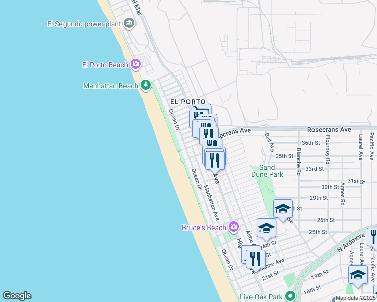 map of restaurants, bars, coffee shops, grocery stores, and more near 113 36th Street in Manhattan Beach