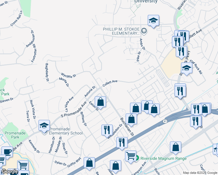 map of restaurants, bars, coffee shops, grocery stores, and more near 4233 Oliphant Court in Riverside