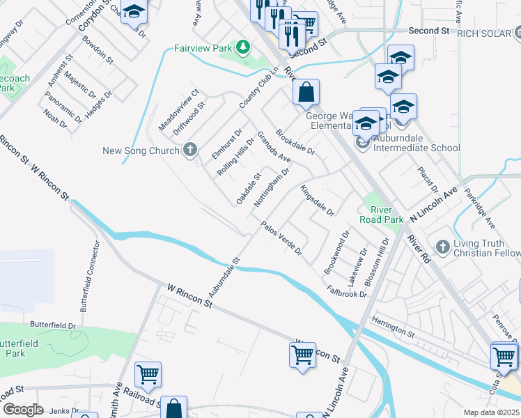 map of restaurants, bars, coffee shops, grocery stores, and more near 909 Nottingham Drive in Corona