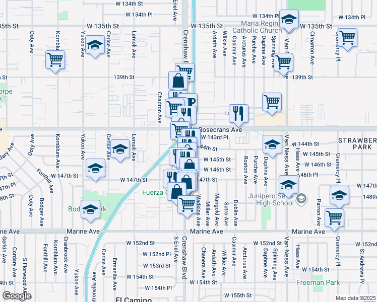 map of restaurants, bars, coffee shops, grocery stores, and more near 14506 Crenshaw Boulevard in Gardena
