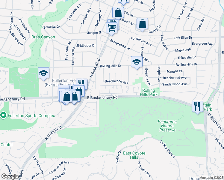 map of restaurants, bars, coffee shops, grocery stores, and more near 1320 Vista Grande in Fullerton