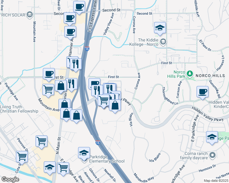 map of restaurants, bars, coffee shops, grocery stores, and more near 543 Silverhawk Drive in Corona