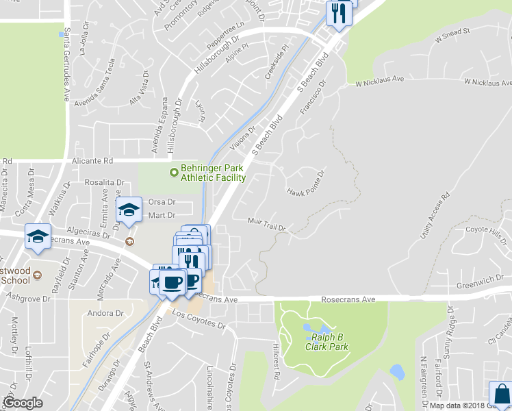 map of restaurants, bars, coffee shops, grocery stores, and more near 3117 Highlander Road in Fullerton