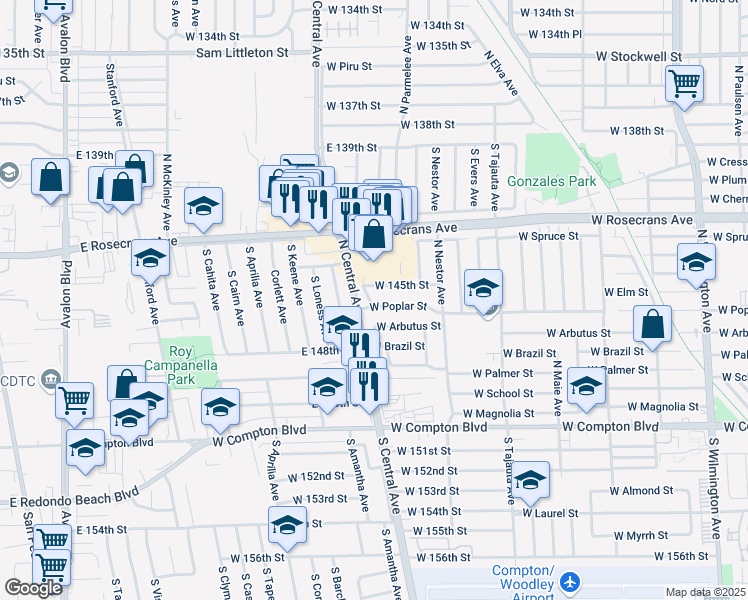 map of restaurants, bars, coffee shops, grocery stores, and more near 1908 West Poplar Street in Compton