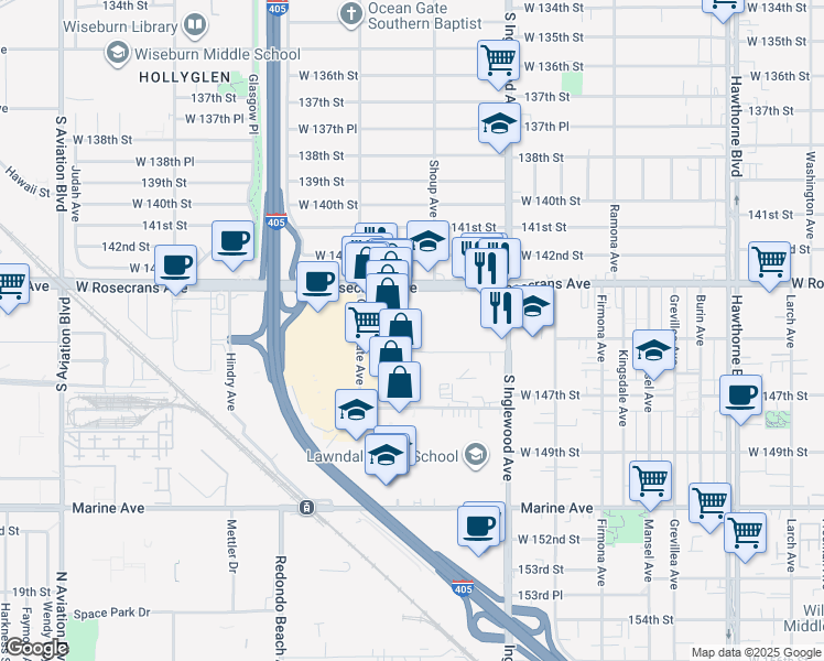 map of restaurants, bars, coffee shops, grocery stores, and more near 4949 West 145th Street in Hawthorne