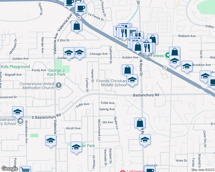 map of restaurants, bars, coffee shops, grocery stores, and more near 2114 Traynor Avenue in Placentia