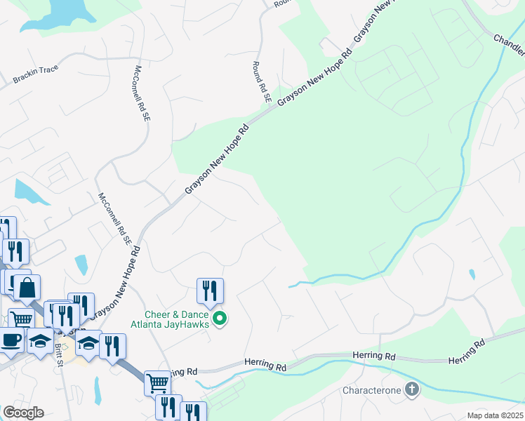 map of restaurants, bars, coffee shops, grocery stores, and more near 2117 Green Gate Place in Grayson