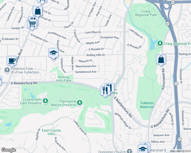 map of restaurants, bars, coffee shops, grocery stores, and more near 1665 Tyler Drive in Fullerton