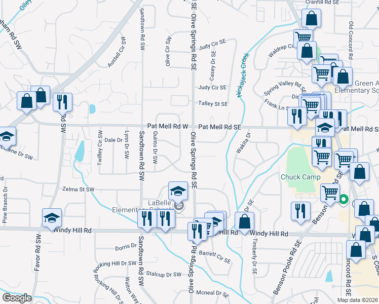 map of restaurants, bars, coffee shops, grocery stores, and more near 2172 Olive Springs Road Southeast in Marietta