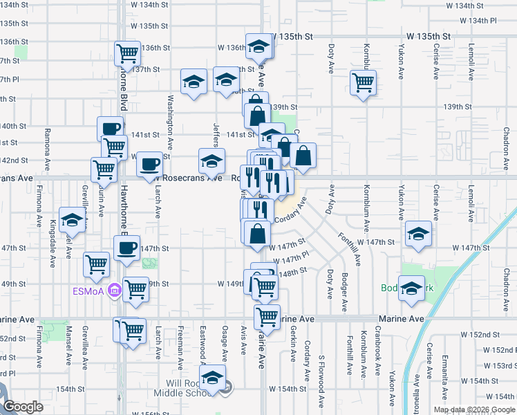 map of restaurants, bars, coffee shops, grocery stores, and more near 14425 Prairie Avenue in Lawndale