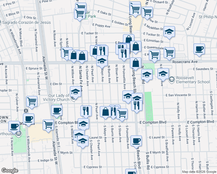 map of restaurants, bars, coffee shops, grocery stores, and more near 611 North Burris Avenue in Compton