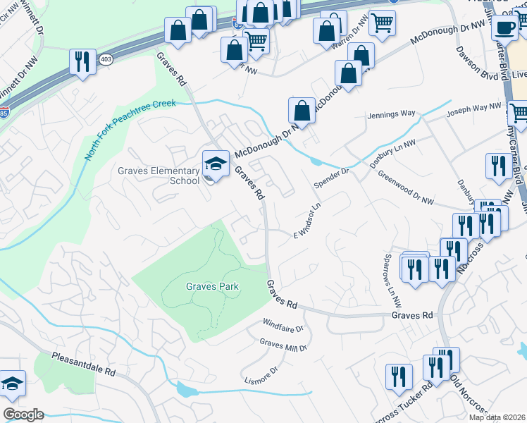 map of restaurants, bars, coffee shops, grocery stores, and more near 6624 Ramgates Way Northwest in Norcross