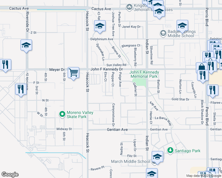 map of restaurants, bars, coffee shops, grocery stores, and more near 15188 Pepper Court in Moreno Valley