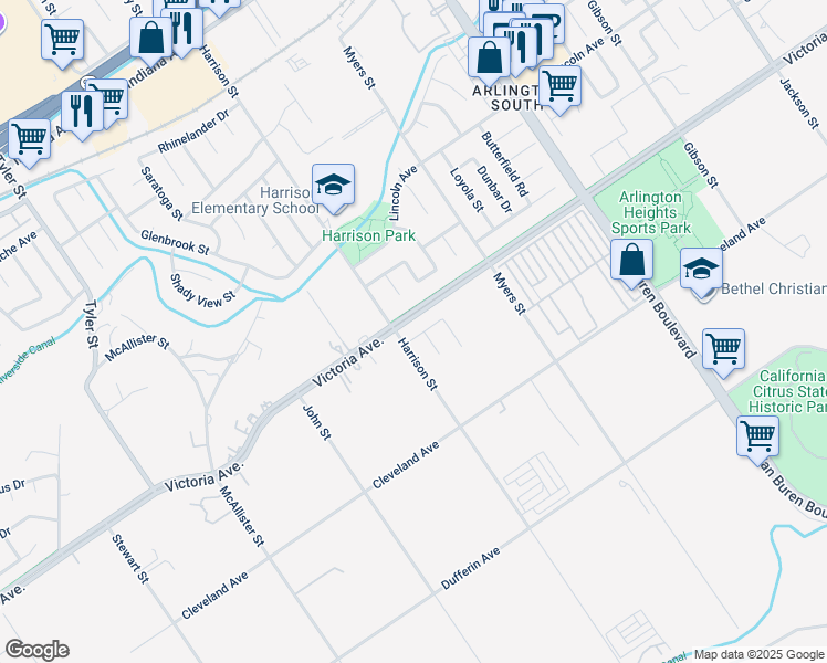 map of restaurants, bars, coffee shops, grocery stores, and more near 9918 Victoria Avenue in Riverside