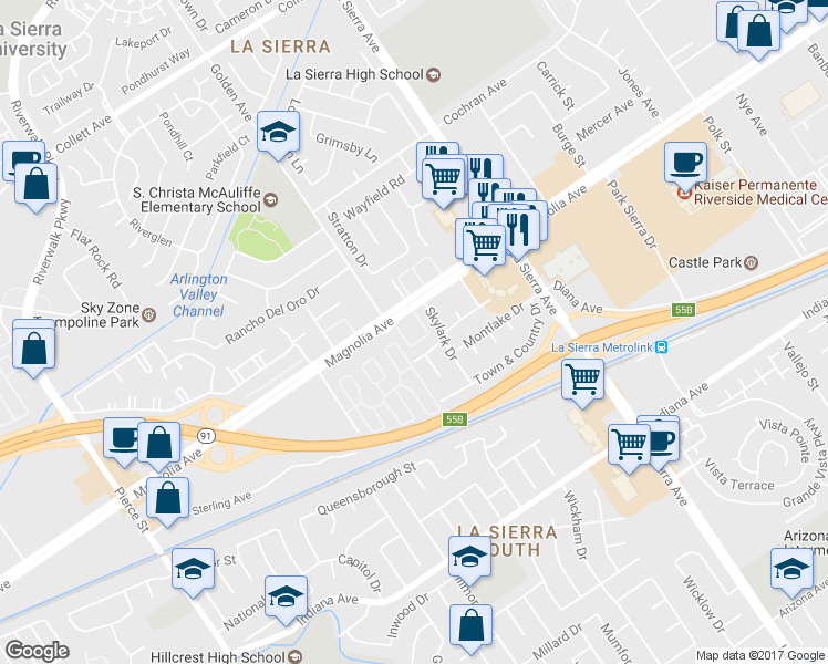 map of restaurants, bars, coffee shops, grocery stores, and more near 11300 Magnolia Avenue in Riverside