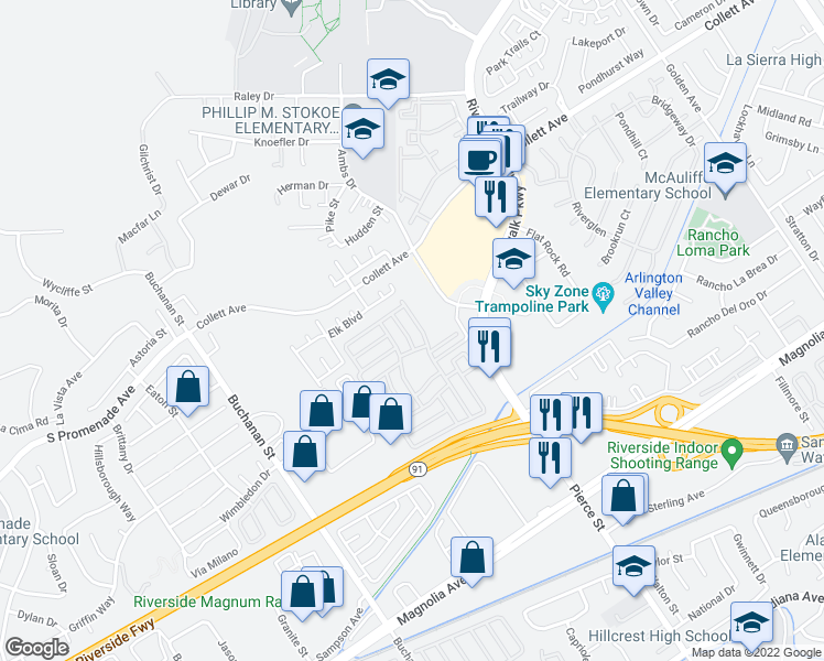 map of restaurants, bars, coffee shops, grocery stores, and more near in Riverside