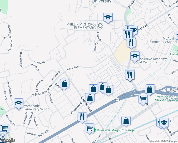 map of restaurants, bars, coffee shops, grocery stores, and more near 4194 Yukon Way in Riverside