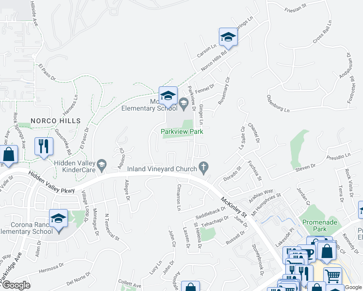map of restaurants, bars, coffee shops, grocery stores, and more near 1020 Vista Del Cerro Drive in Corona