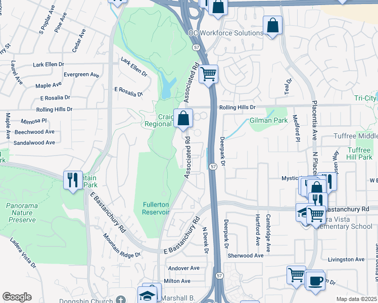 map of restaurants, bars, coffee shops, grocery stores, and more near 2740 Craig Circle in Fullerton