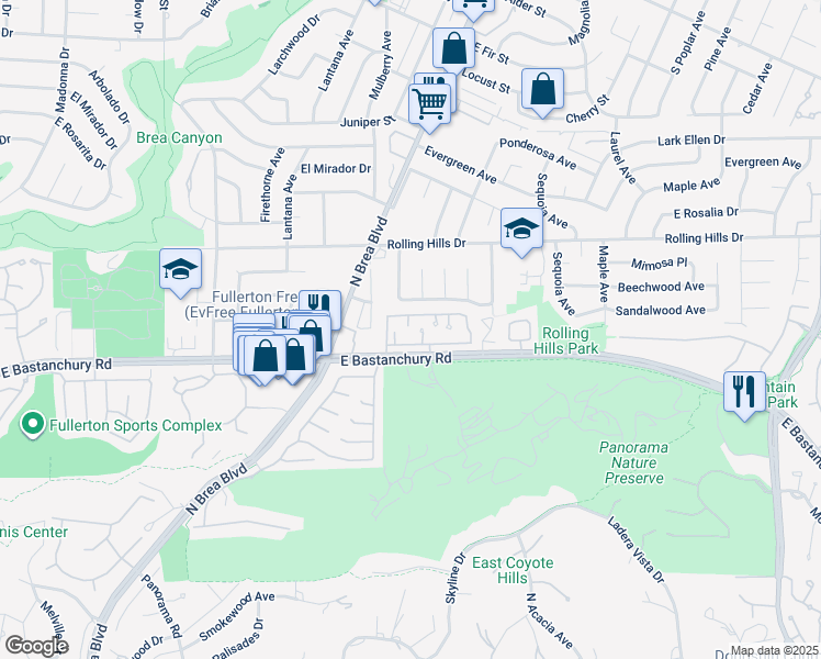 map of restaurants, bars, coffee shops, grocery stores, and more near 1320 Vista Grande in Fullerton