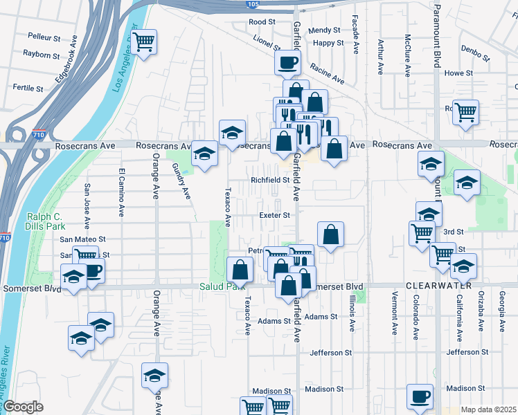 map of restaurants, bars, coffee shops, grocery stores, and more near 7242 1/2 Exeter Street in Paramount