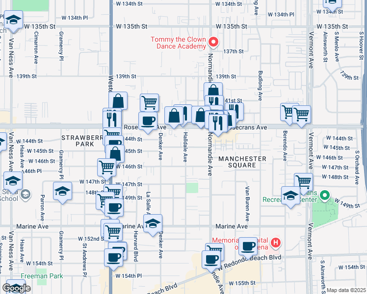 map of restaurants, bars, coffee shops, grocery stores, and more near 1522 West 145th Street in Gardena