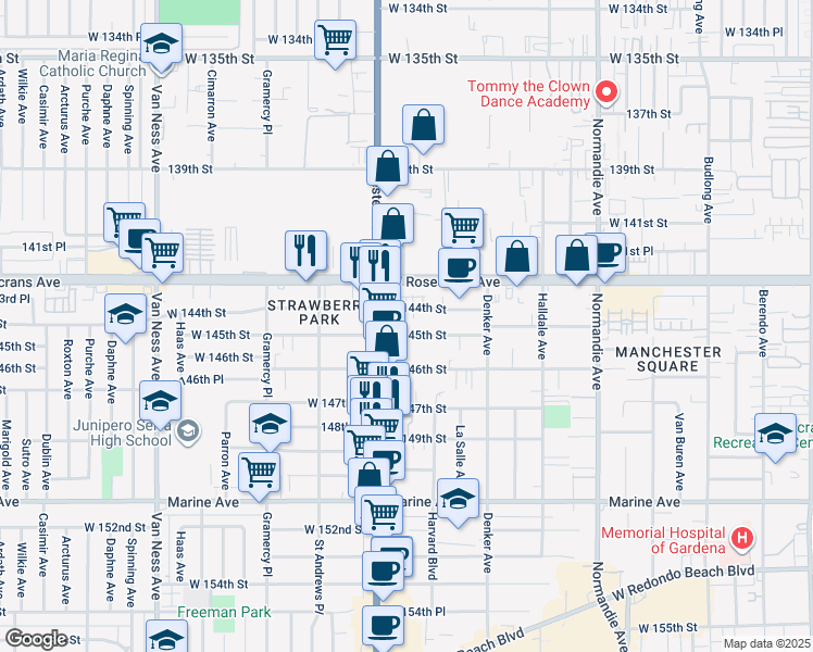 map of restaurants, bars, coffee shops, grocery stores, and more near 1738 West 145th Street in Gardena