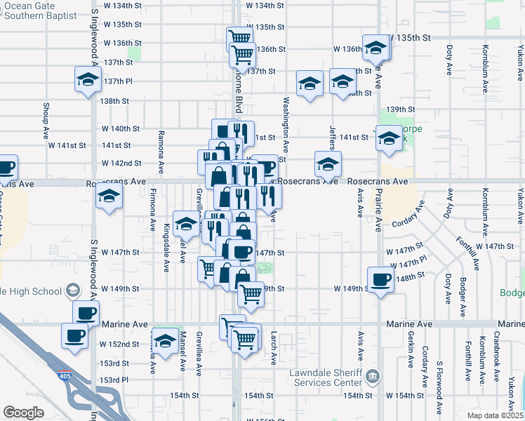 map of restaurants, bars, coffee shops, grocery stores, and more near 4330 West 145th Street in Lawndale