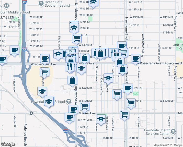 map of restaurants, bars, coffee shops, grocery stores, and more near 4640 West 145th Street in Lawndale