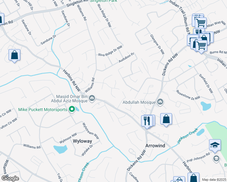 map of restaurants, bars, coffee shops, grocery stores, and more near 903 Amberly Court in Norcross