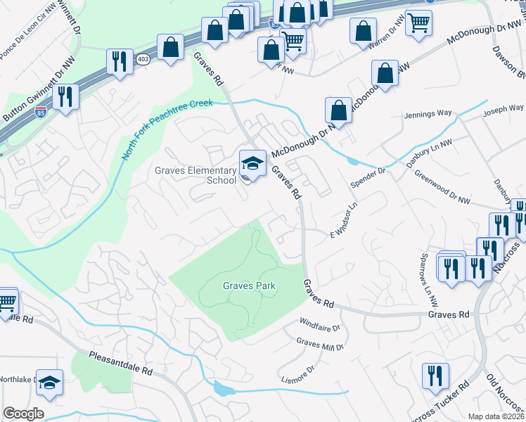 map of restaurants, bars, coffee shops, grocery stores, and more near 6667 Magnolia Park Drive in Norcross