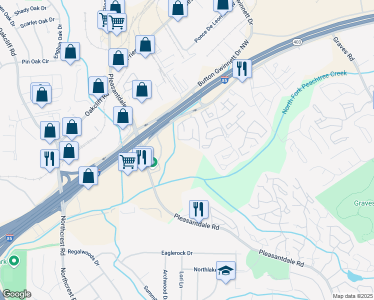 map of restaurants, bars, coffee shops, grocery stores, and more near 823 Brook View Avenue in Atlanta