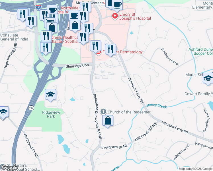 map of restaurants, bars, coffee shops, grocery stores, and more near 1090 Kingston Drive Northeast in Sandy Springs
