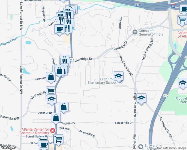 map of restaurants, bars, coffee shops, grocery stores, and more near 29 Greenland Trce in Atlanta