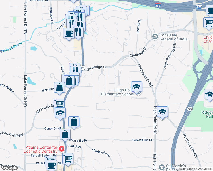 map of restaurants, bars, coffee shops, grocery stores, and more near 31 Greenland Trce in Atlanta
