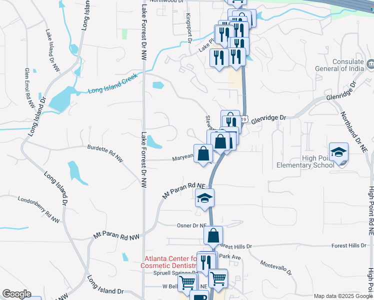 map of restaurants, bars, coffee shops, grocery stores, and more near 110 Maryeanna Drive Northeast in Atlanta