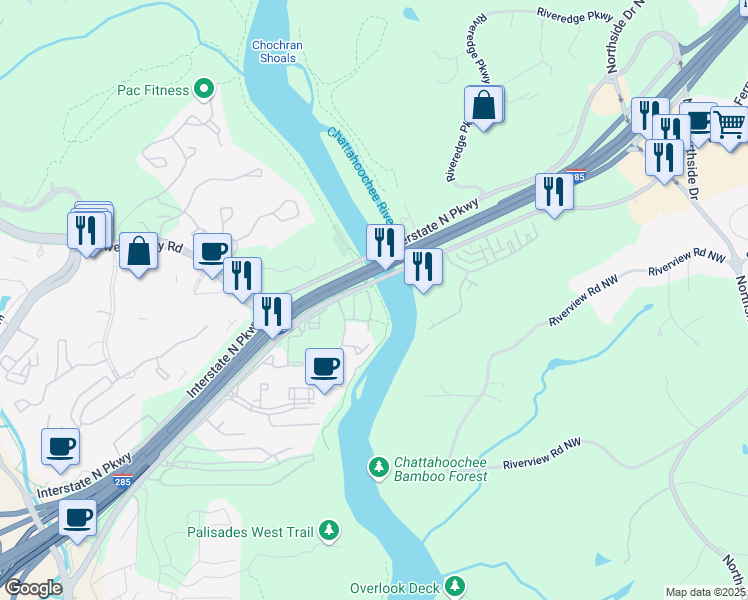 map of restaurants, bars, coffee shops, grocery stores, and more near 1098 Riverbend Club Drive Southeast in Atlanta
