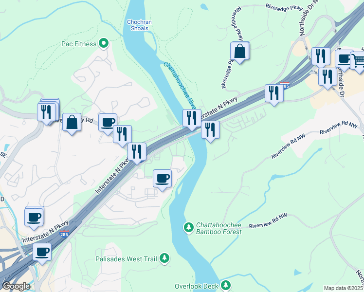 map of restaurants, bars, coffee shops, grocery stores, and more near 1119 Riverbend Club Drive Southeast in Atlanta