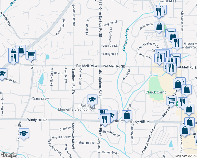 map of restaurants, bars, coffee shops, grocery stores, and more near 2172 Olive Springs Road Southeast in Marietta