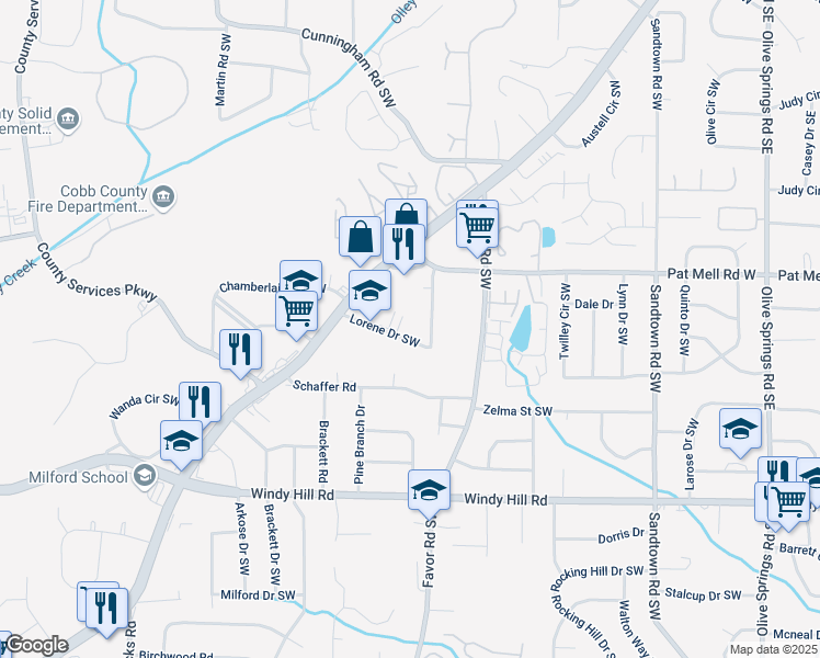 map of restaurants, bars, coffee shops, grocery stores, and more near 484 Lorene Drive Southwest in Marietta