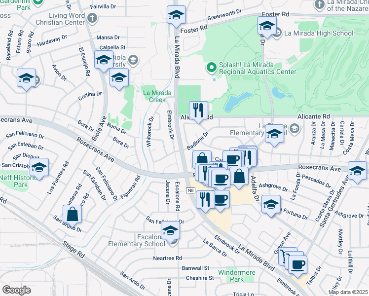 map of restaurants, bars, coffee shops, grocery stores, and more near 15005 Badlona Drive in La Mirada