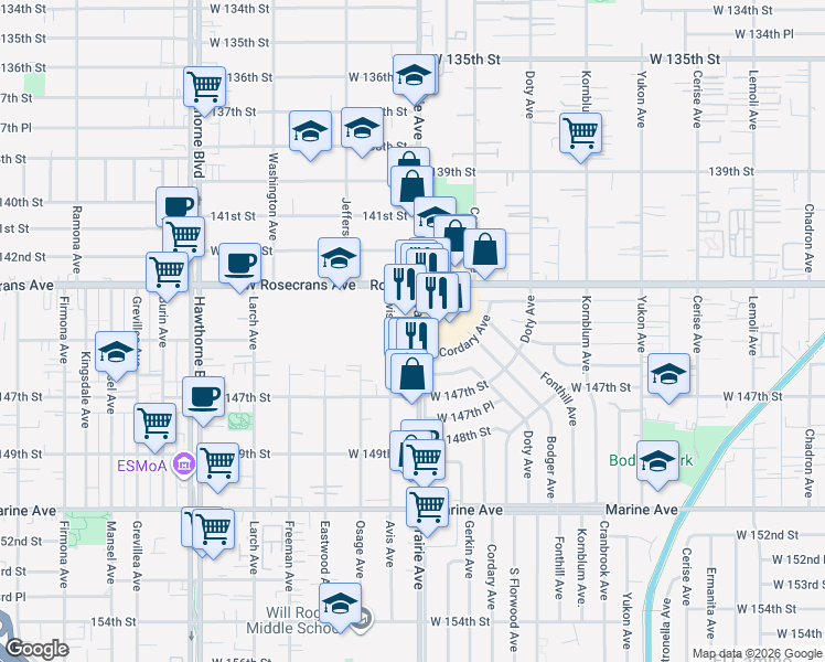 map of restaurants, bars, coffee shops, grocery stores, and more near 14425 Prairie Avenue in Lawndale